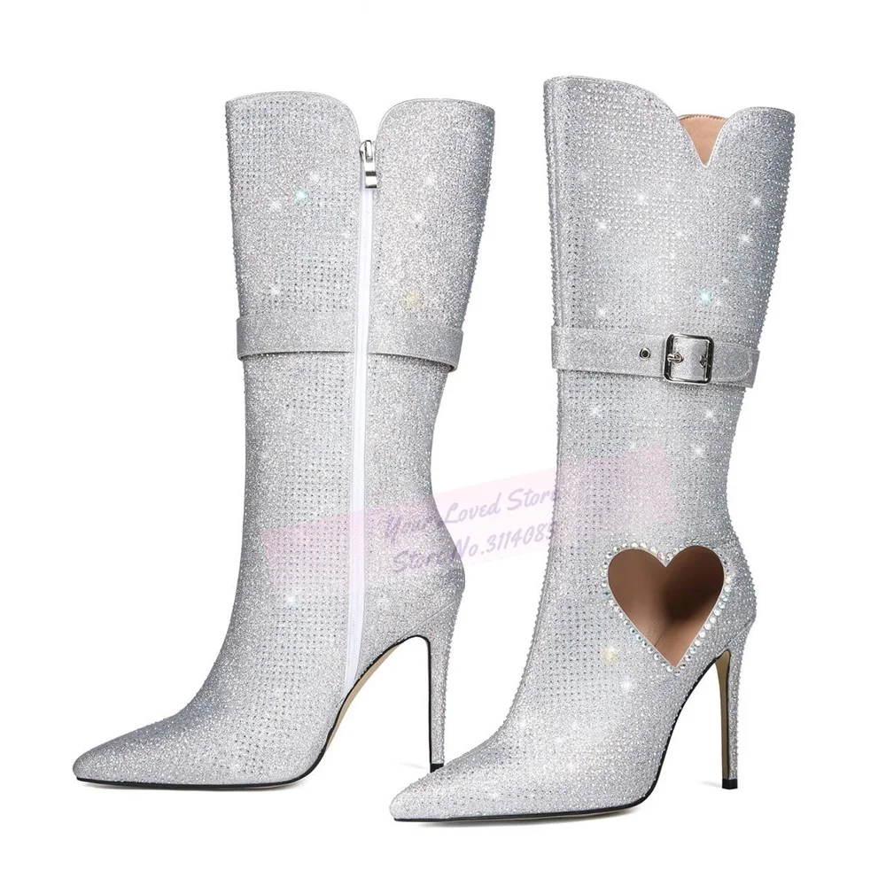 Botas hasta la rodilla con brillo de cristal plateado, botas altas recortadas en forma de corazón, zapatos de vestir para banquete con correa y hebilla de diamantes de imitación
