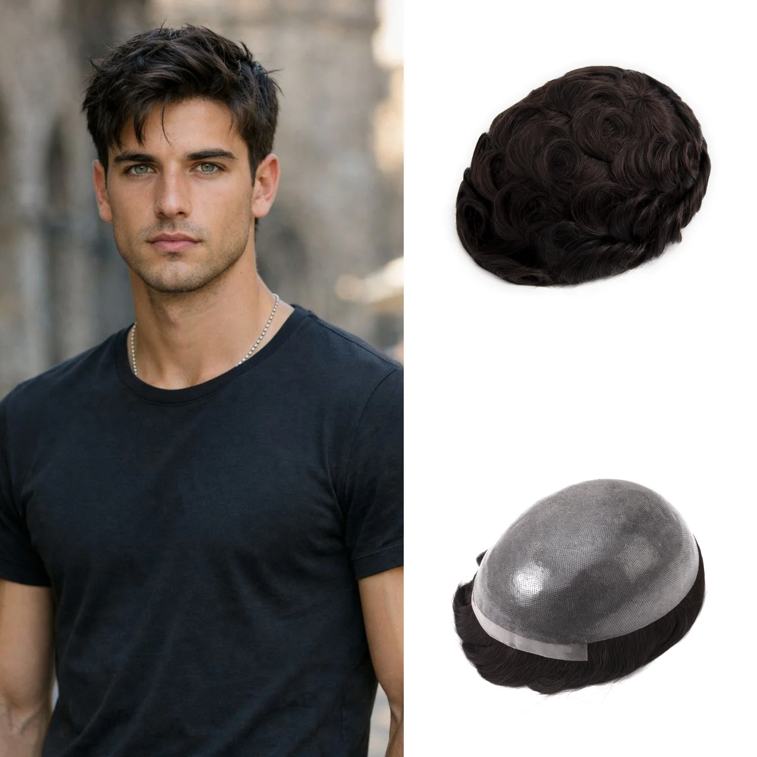 

Thin Skin Human Hair Men Toupee Full PU Base Hairpiece for Men Wig Natural Wave Styles Human Hair Mens Wigs Replacement Systems