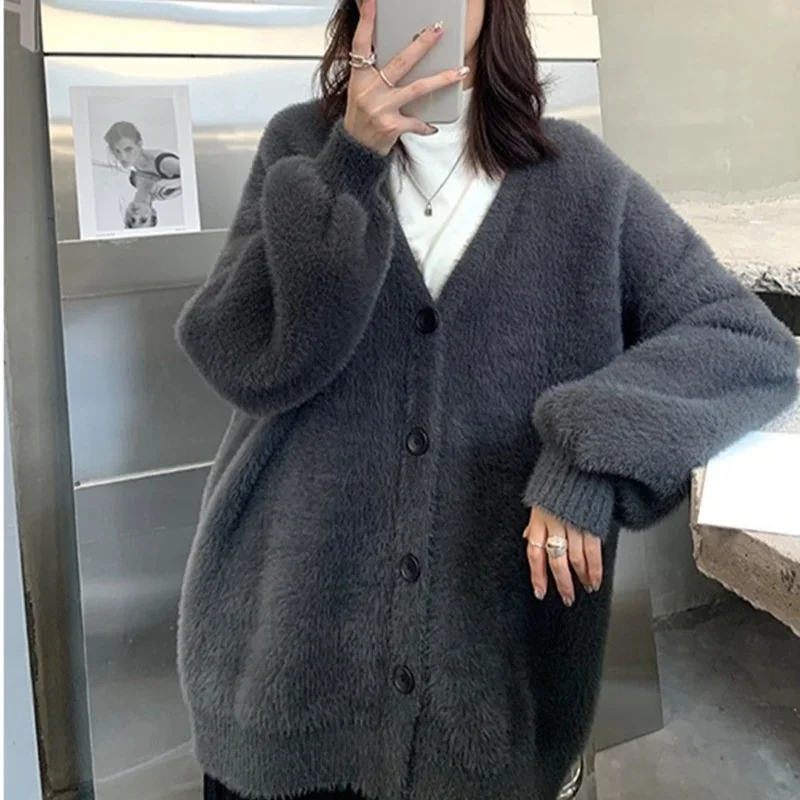

Women's Loose Lantern Sleeve Sweater Outerwear Thickened Autumn Winter Style High-Weight Knitted Mink-Feeling Open Cardigan