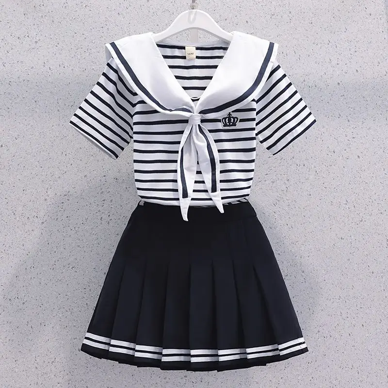 

Girls Summer Casual Striped Sailor Collar Short Sleeve Suits 4- 14 Years Girls Jk Style Fashion Tops+skirts 2pcs Sets Clothing