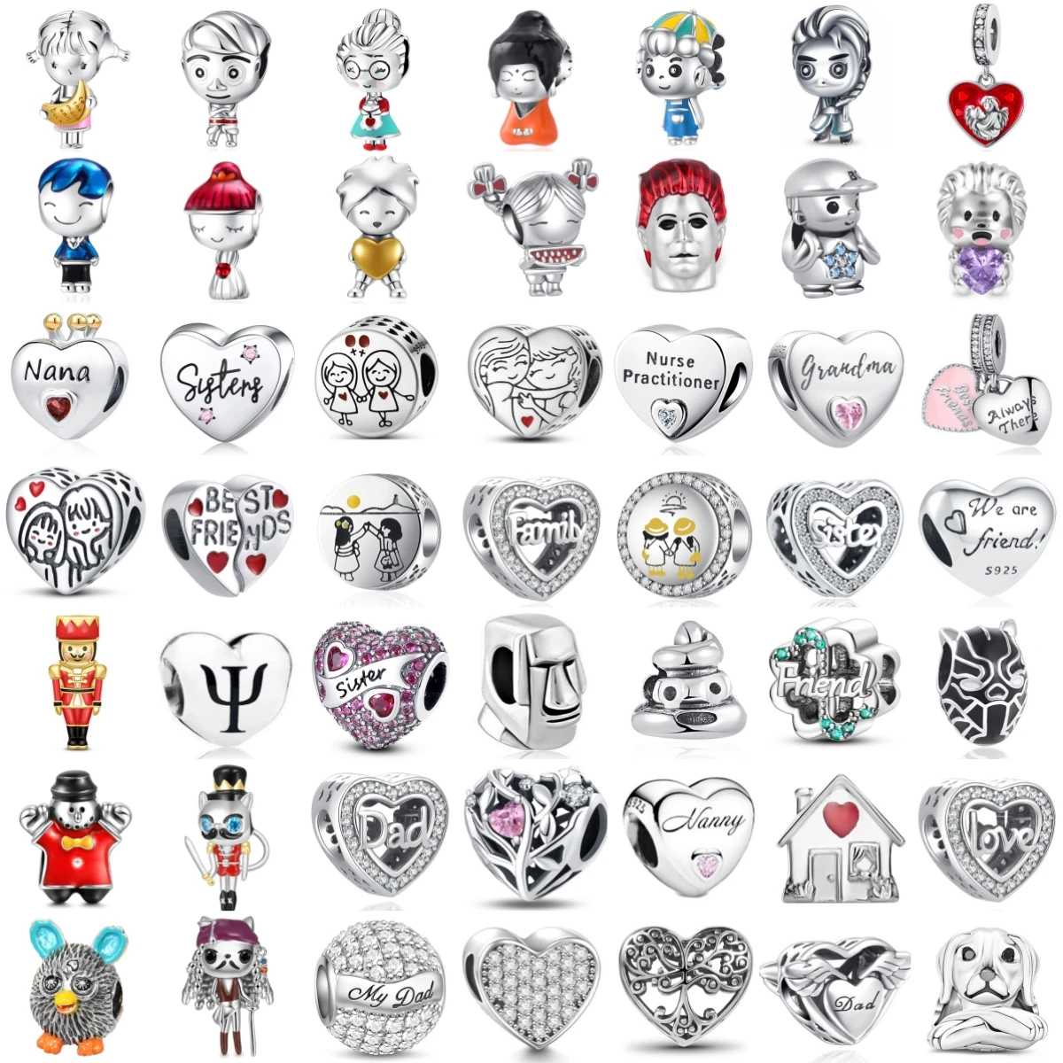 925 Silver Cartoon Figure Heart Charm Beads Family Friend Nurse Nana Dad Sister For Original DIY Women Jewelry Gift