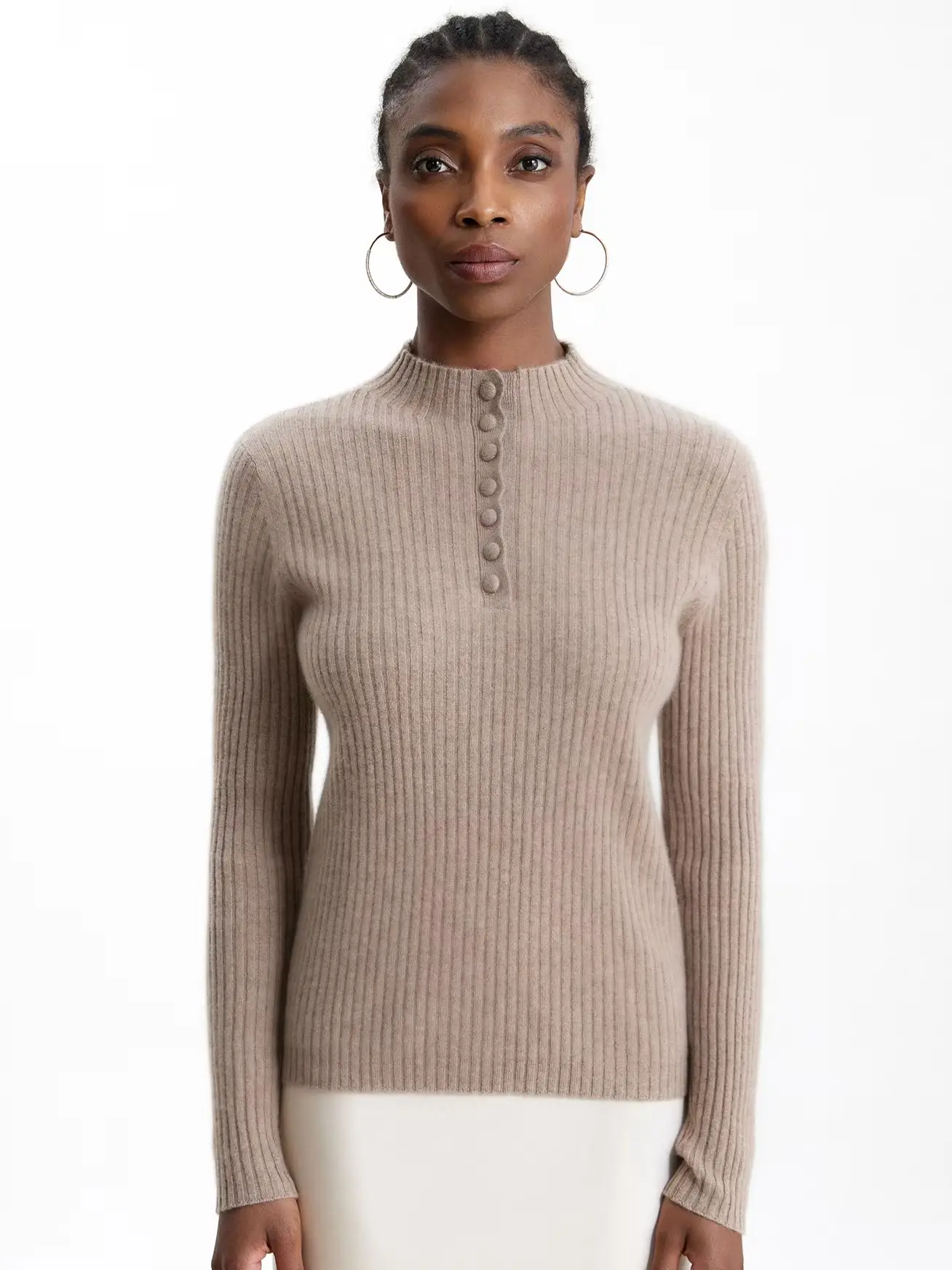 TLOML Women 100% Baby Cashmere Sweater Mock Neck Pit Striped Buttons Pullover Autumn Winter Cashmere Knitwear Soft Warm Slim Top