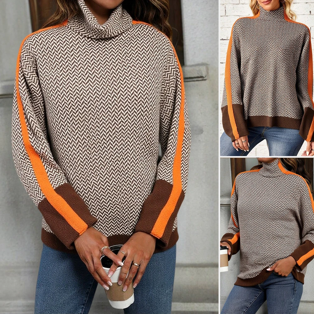 سترة ميا موسى النسائية المرقعة 2025 مريحة وأنيقة بنمط houndstooth وكتلة ألوان متباينة وأكمام طويلة بلوفر فضفاض بياقة مدورة