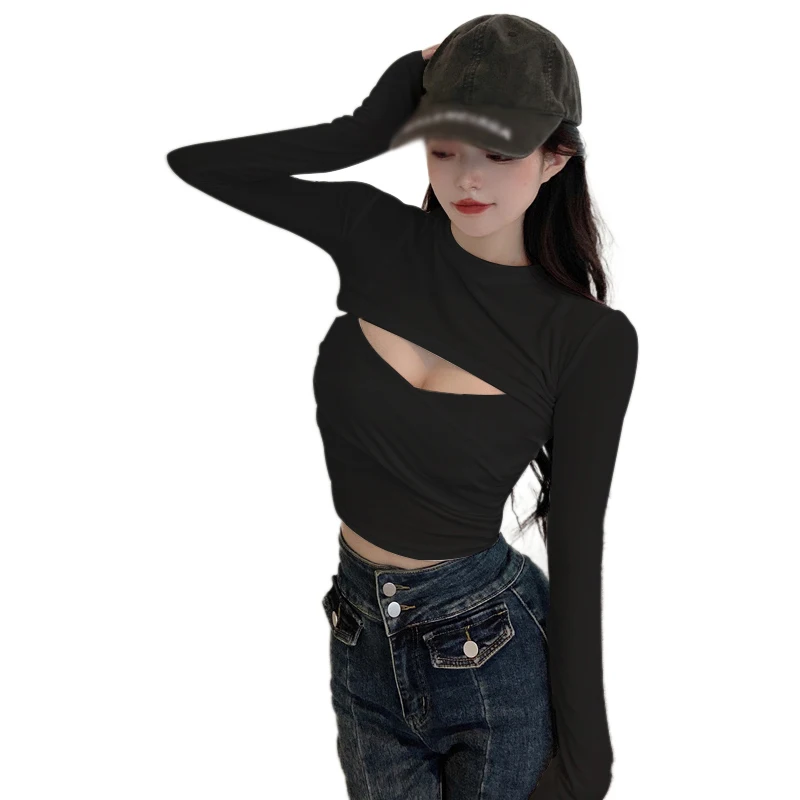 Sexy Fake Two-Piece Long Sleeve T-shirt Women's Stylish Chest Hollow Out Slimming Casual Versatile Cropped Top