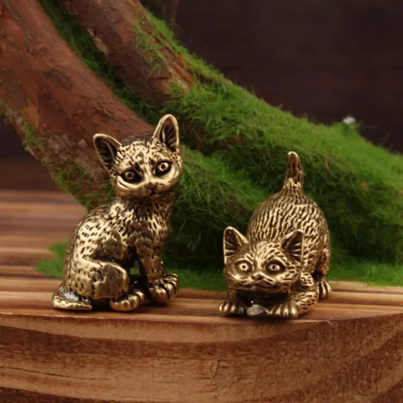 1Pc Small Brass Cat Figurine With Exquisite Engraved Texture Perfect For Home Desktop Decor Collectible Gifts