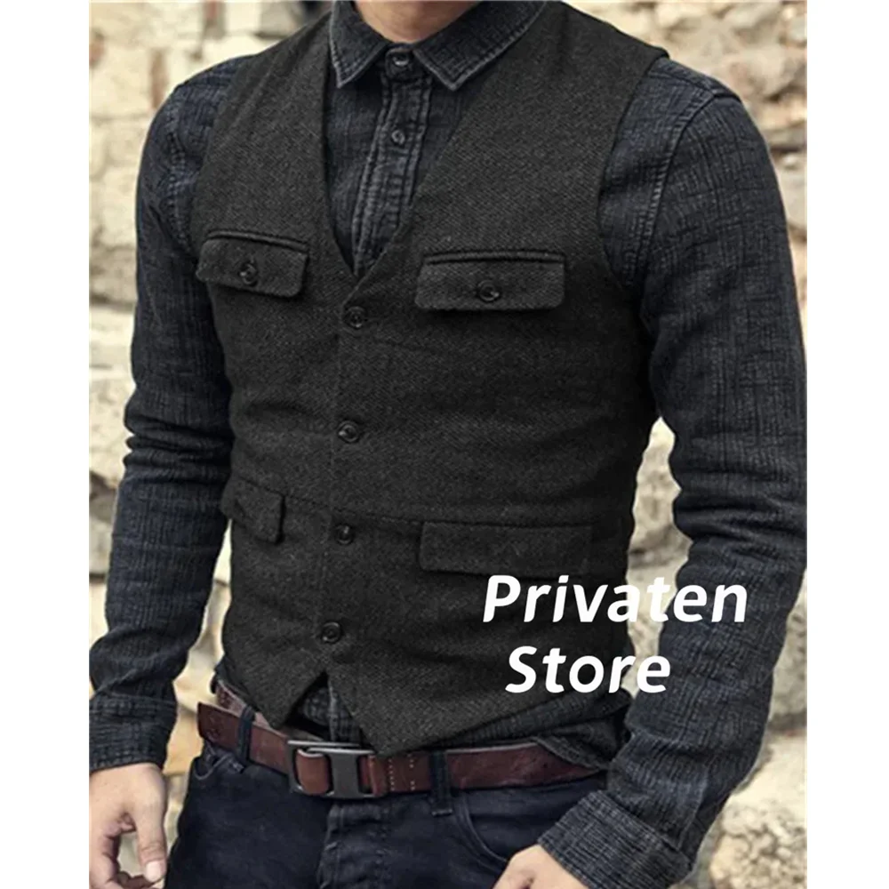 Chaleco de espiga con cuello en V y bolsillos para hombre, traje informal Retro británico de color personalizado para vestido de novia