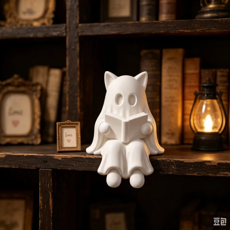 3D Printed Cat‑Ear Ghost Reading Book Shelf Sitter Figurine,Cute Ghost Sit‑on‑Shelf,Whimsical Edge Sitting Ornament Decor