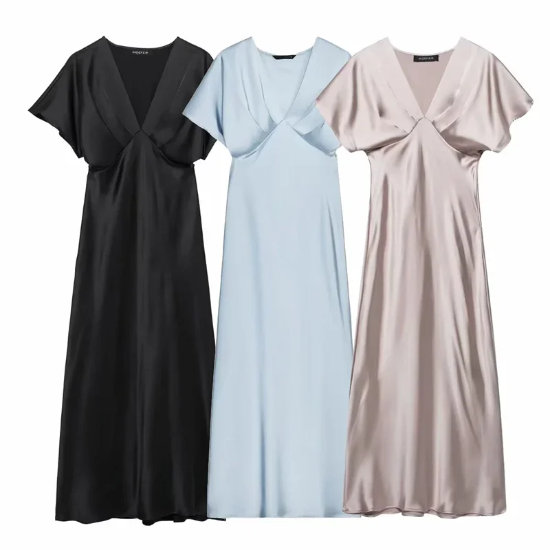 

FDEY Women's Dress Spring 2025 New Silk Satin Midi Dress Sexy V-Neck Design Elegant Temperament Cocktail Party Ball 2330399