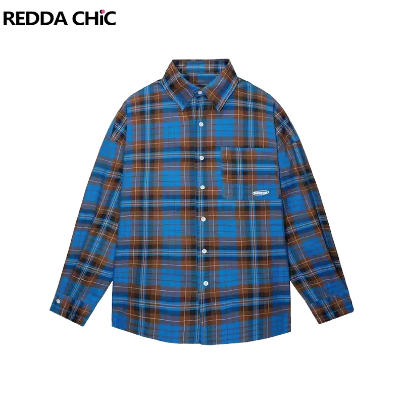 

ReddaChic Blue Checkered Shirt Women's Oversized Shirt Jacket Y2K Streetwear Unisex Top Long Sleeve Long Sleeve Single-breasted