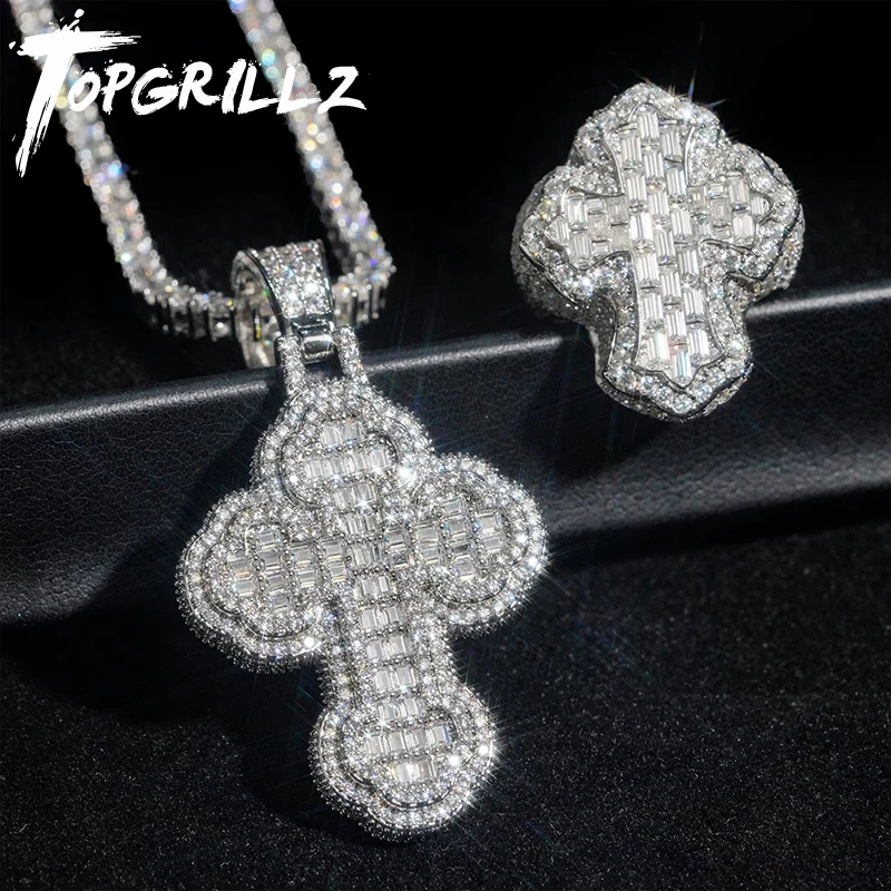 TOPGRILLZ Iced Out Full Square Cubic Zircon Cross Pendant Trend Designer Cloud Cross Pendant Hiphop Necklace For Rapper Jewelry