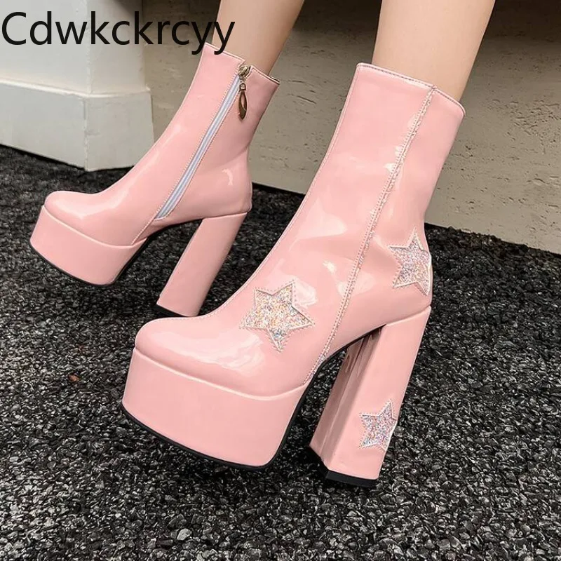 Autumn and Winter New style fashion high-heeled Women's Boots Color blocked PU Round head Square heel Women's Boots high 14.5cm