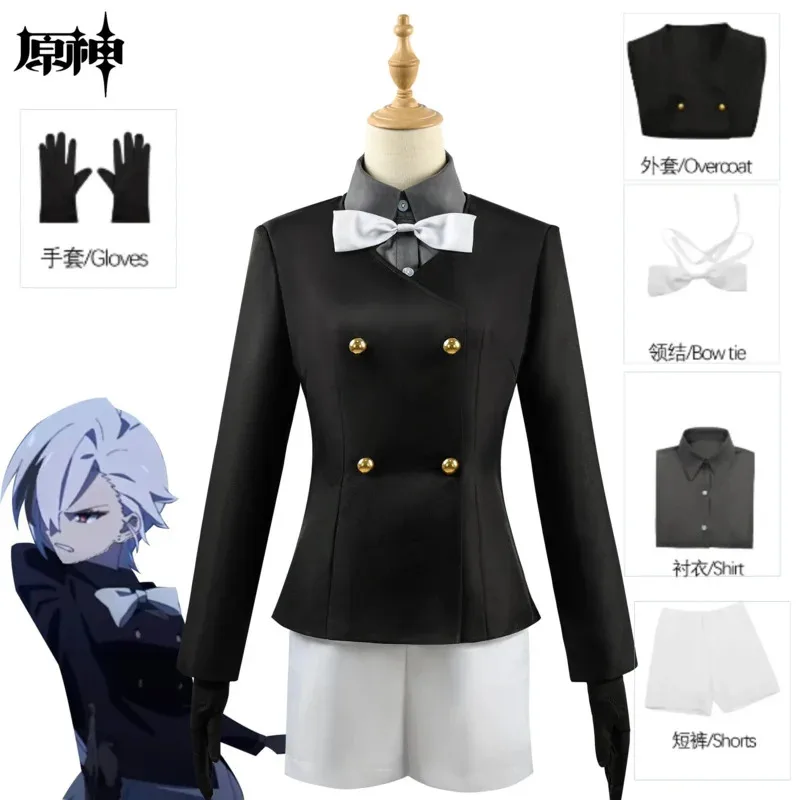 Newly Clervie Cosplay Costume Full Set Genshin Impact Game New Cosplay Outfit Uniform Coat Shirt Shorts Bow Gloves Set