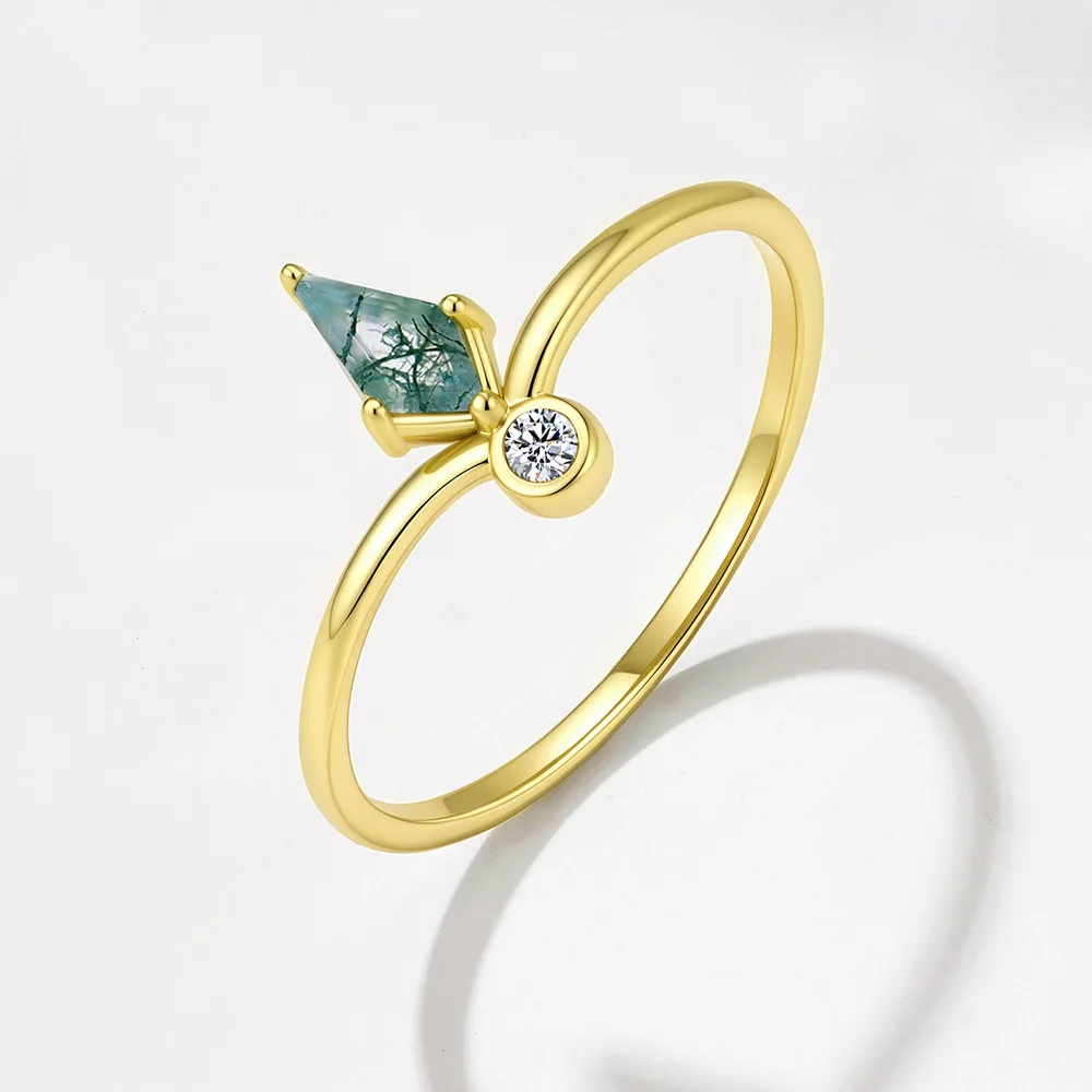 Dave&di S925 Pure Silver Water Grass Agate Ring Women's Light Luxury Style European And American Cross-border Crown Layered N