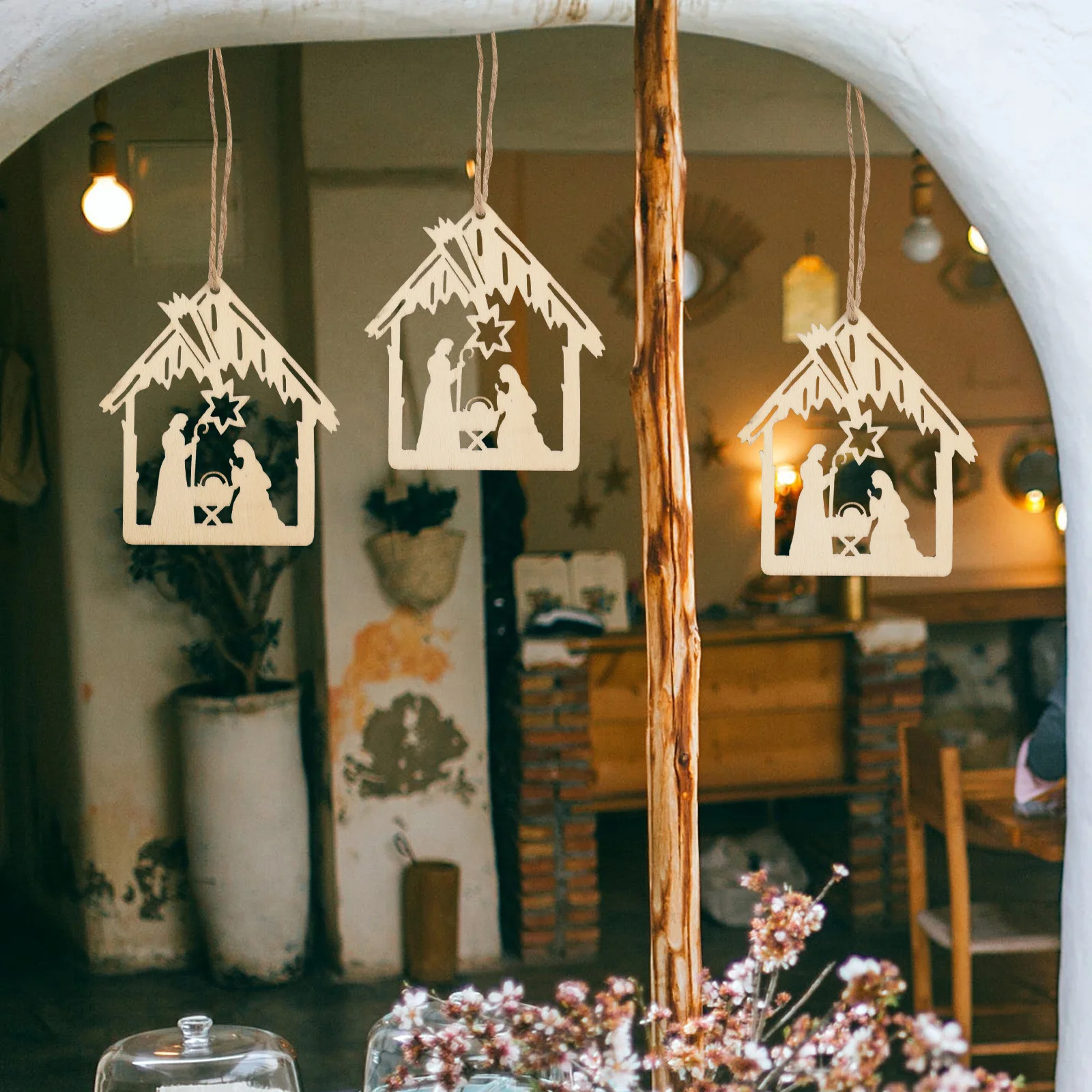 

40Pcs Church Decoration Hanging Ornaments Wooden Nativity Scene Christmas Tree Pendant for DIY Craft Religious Xmas Decor