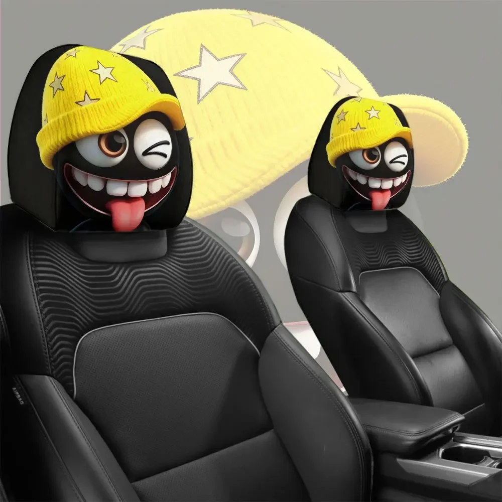 Yellow star-woven cap funny expression car headrest cover two-piece set, easy to install, suitable for long-distance travel