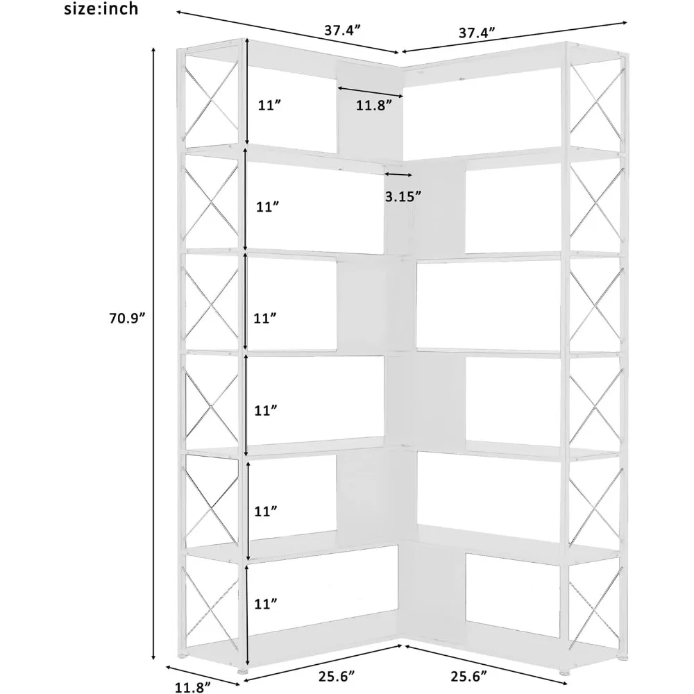 رف كتب زاوية على شكل حرف L من الخشب والمعادن 7 طبقات رف عرض على الطراز الصناعي خزانة كتب قابلة للتعديل Etagere للمكتب المنزلي
