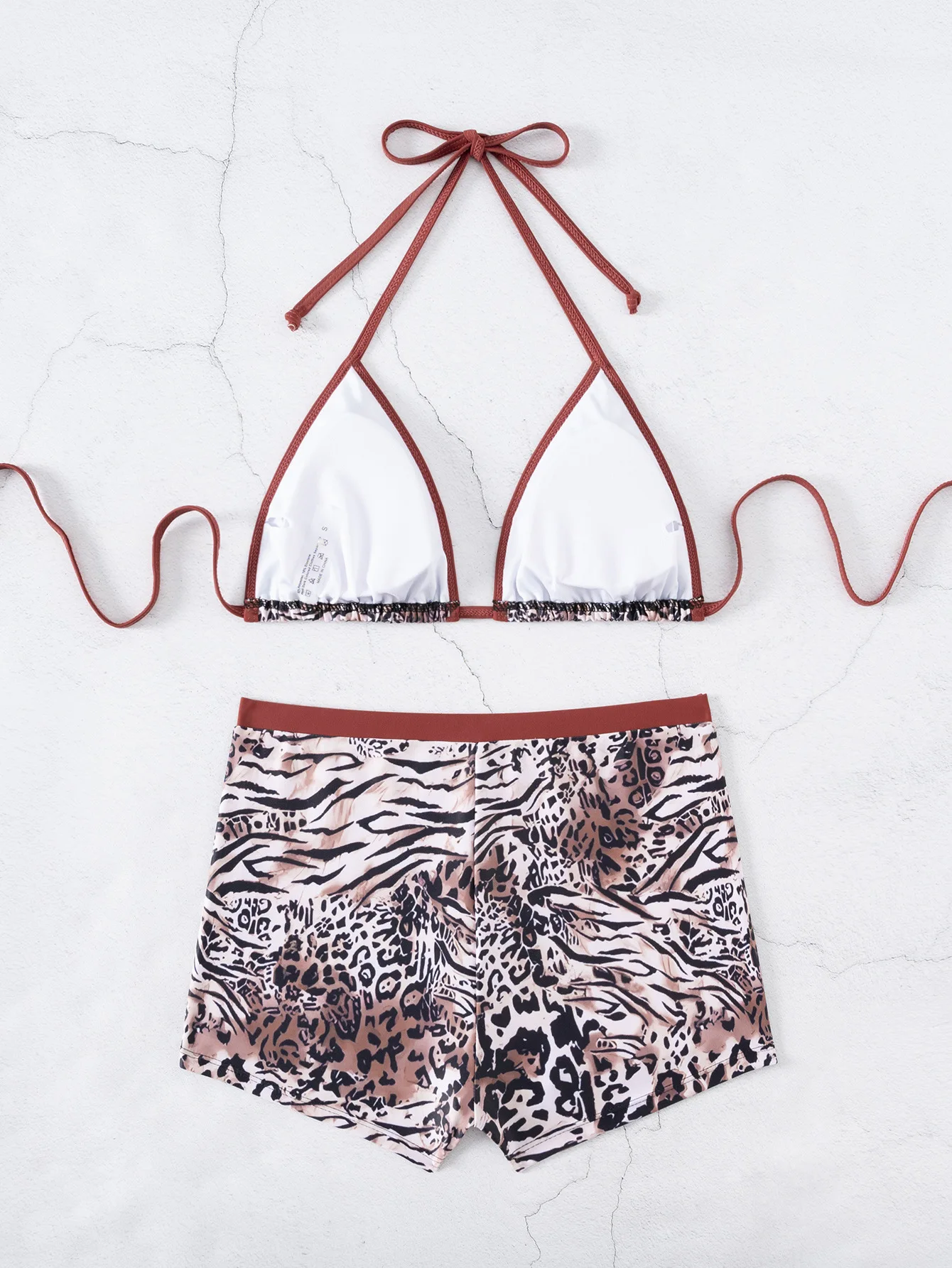 2025 Leopard Print Halter Bikini Set Color Block Design & Adjustable Ties Women's Sexy Swimwear Boyshort Bottom Shorts Sets Ropa