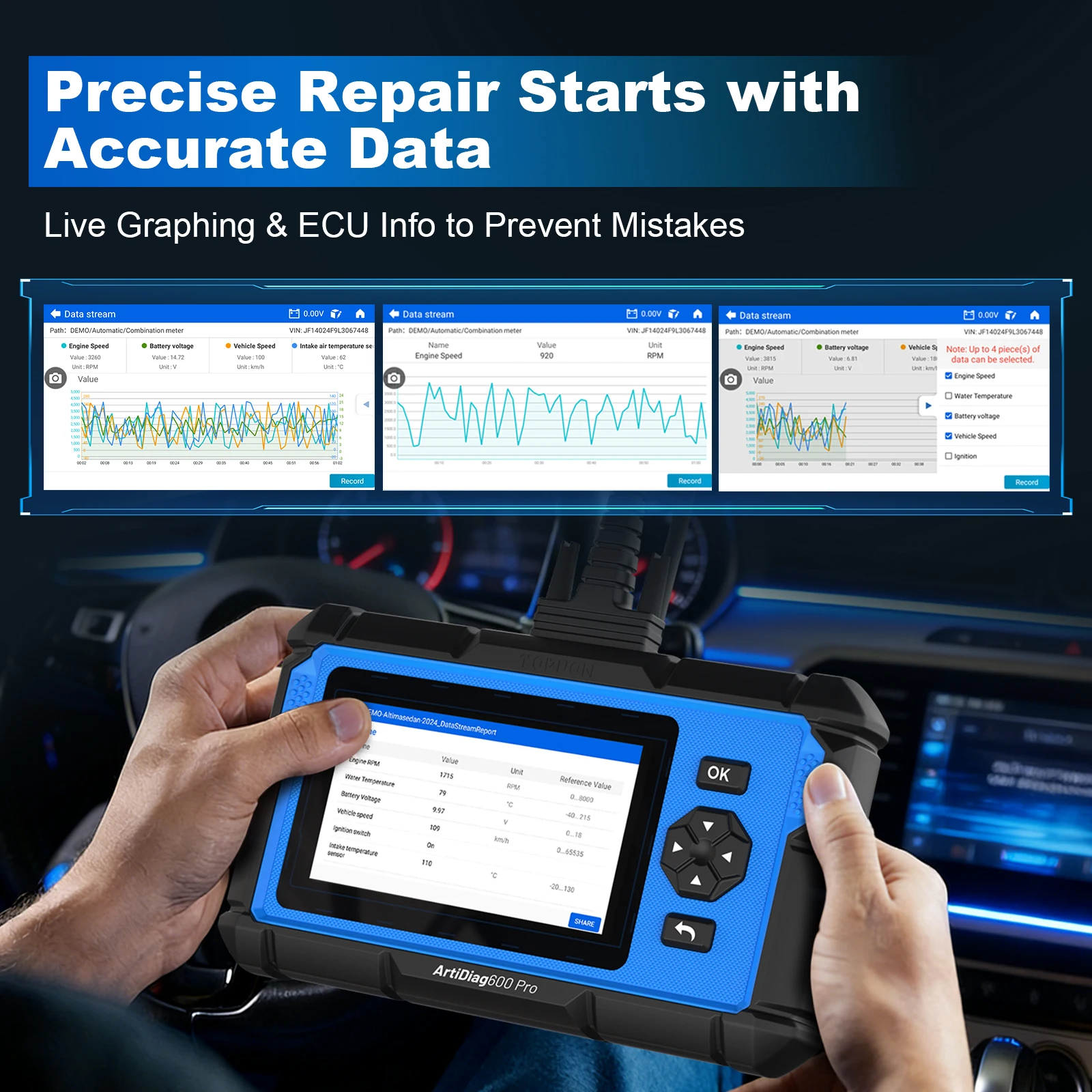 Picture 9: TOPDON ArtiDiag600 Pro scanner diagnoses Engine, ABS, SRS, TCM, BCM, TPMS and all vehicle modules, not only basic OBD2 codes. It clears DTCs, views real-time data, prints diagnostic reports and runs one-click full system scans for fast fault detection.