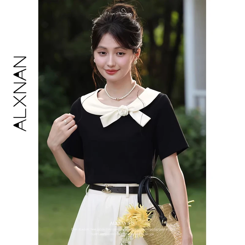 

ALXNAN Black T-shirt 3D Floral Bow Collar Elegant and Sweet T-shirts Summer Fashion Casual Loose-fit Office Cotton Tees VL56160