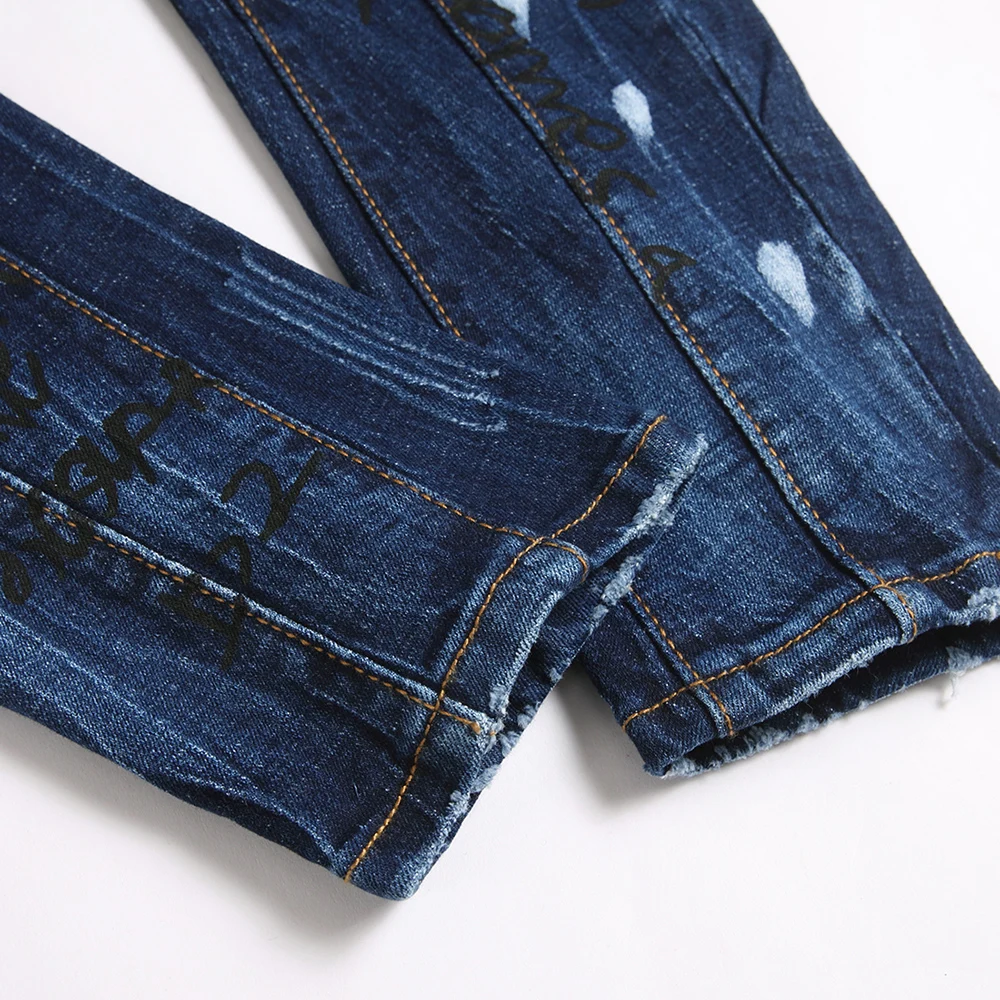 Men Letters Printed Denim Jeans Holes Ripped Patchwork Spliced Pants Button Fly Slim Tapered Stretch Trousers - Image 5