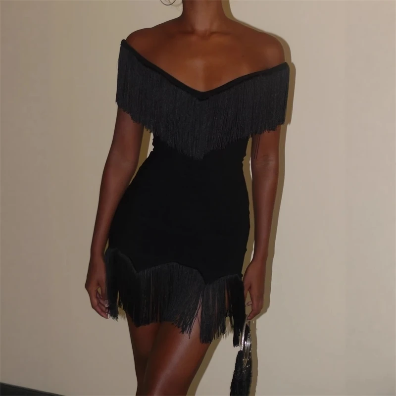 

2026 Party Wear Woman Clothes Spring Club Outerwear Fringe Dress Women Dress V Neck The Shoulder Bodycon Sexy Midi Dress