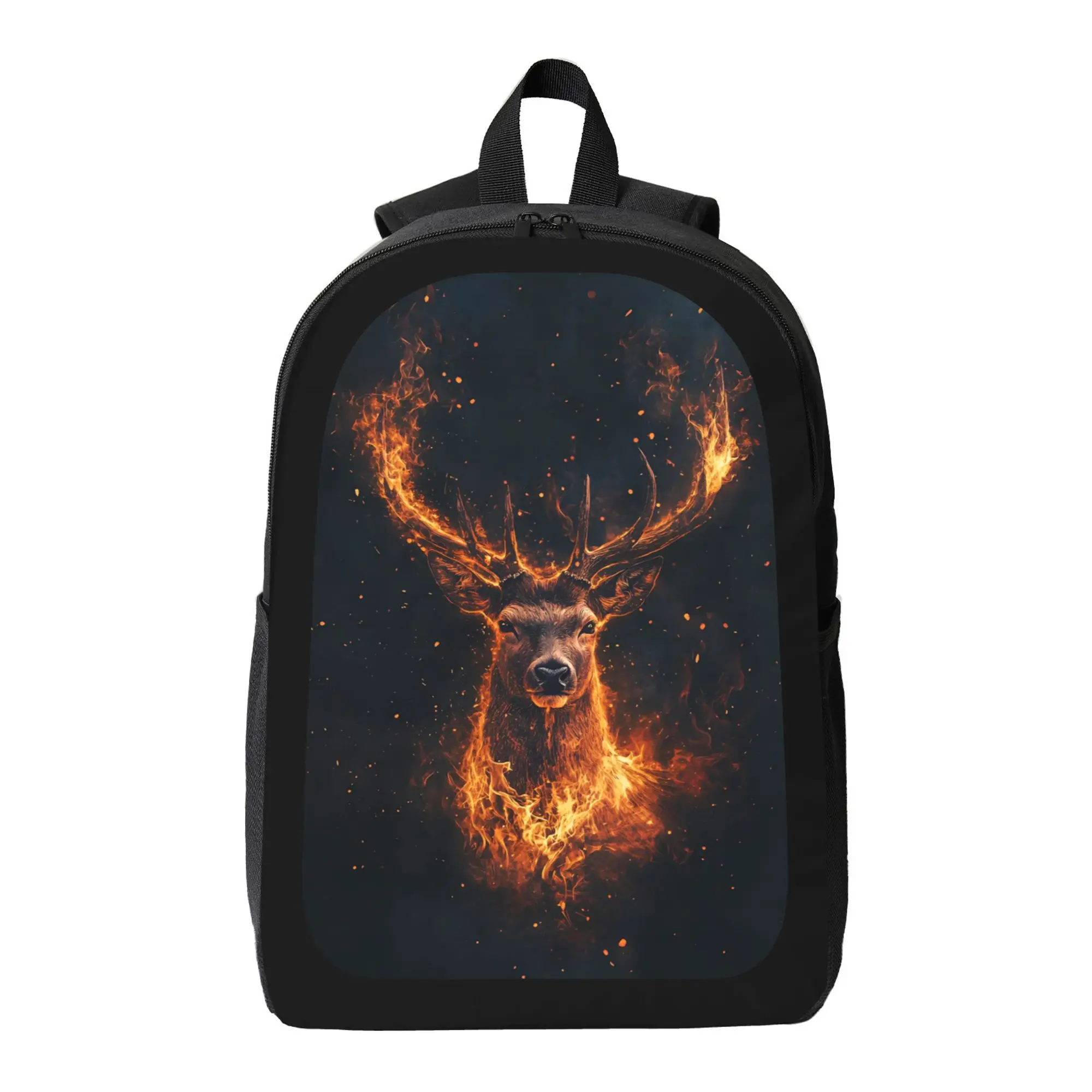 

Flame Deer Portrait Backpack - Glowing Corner and Flame Printed School Bag, Lightweight Large Capacity Adjustable Shoulder Strap