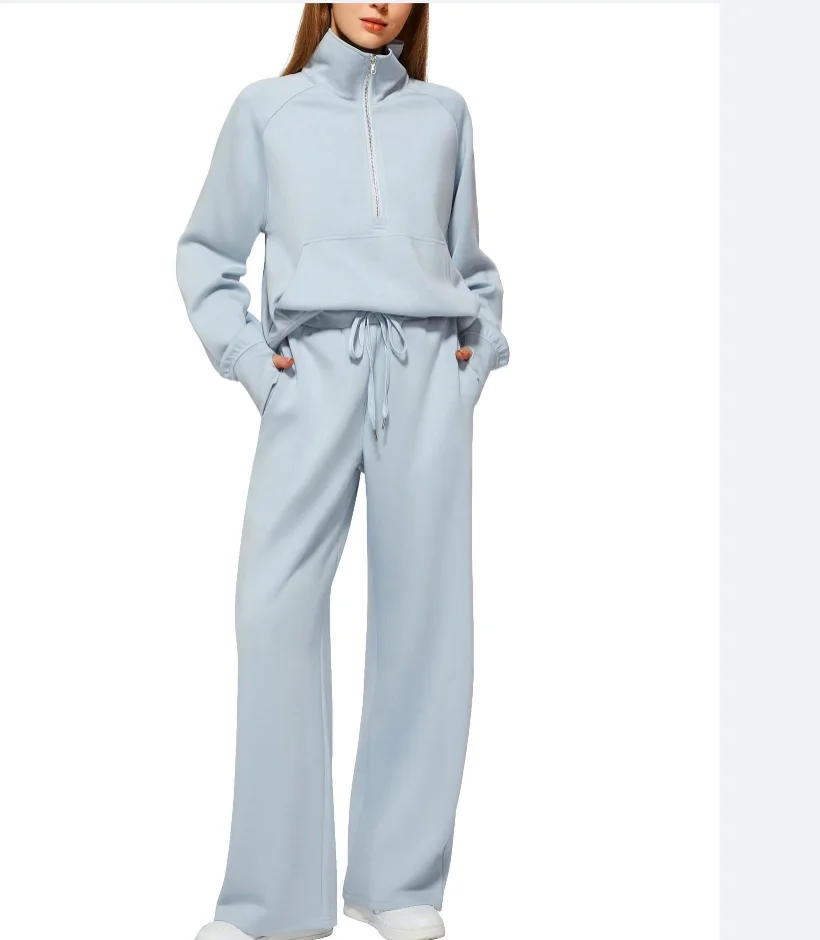 2 Pcs/Set Women Top Pants Set Half Zipper Turn-down Collar Long Sleeves Sweatshirt Elastic Waist Wide Leg Sweatpants Tracksuit