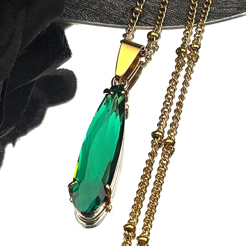 

Luxury Green Glass Crystal Long Pendant Necklace for Women Stainless Steel Chain Choker Y2K Teardrop Charms Jewelry Gifts