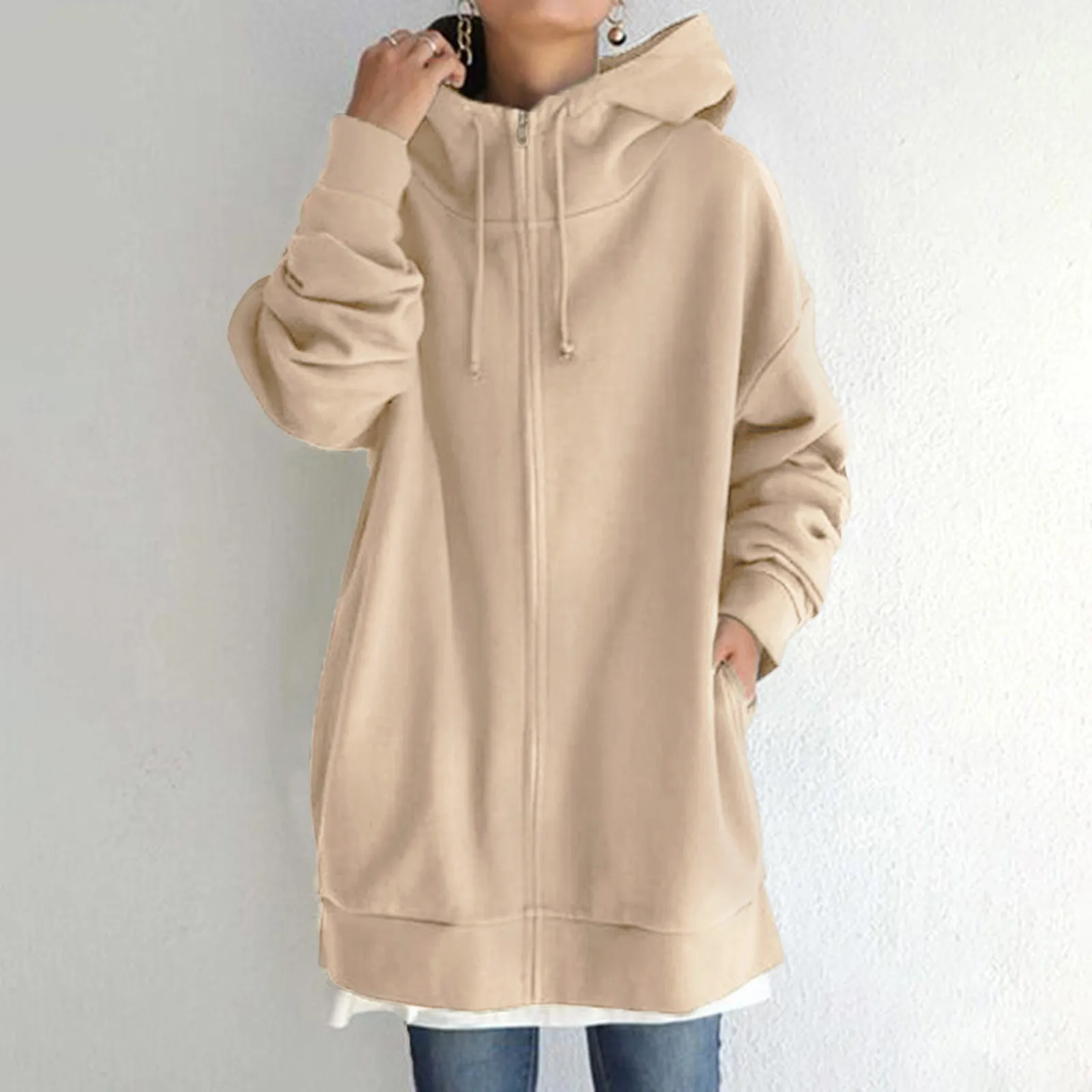 Oversized S-5xl Women Loose Hooded Coats Autumn Female Tie Collar Long Sleeve Zipper Up Add Velvet Sweatshirt куртка женская