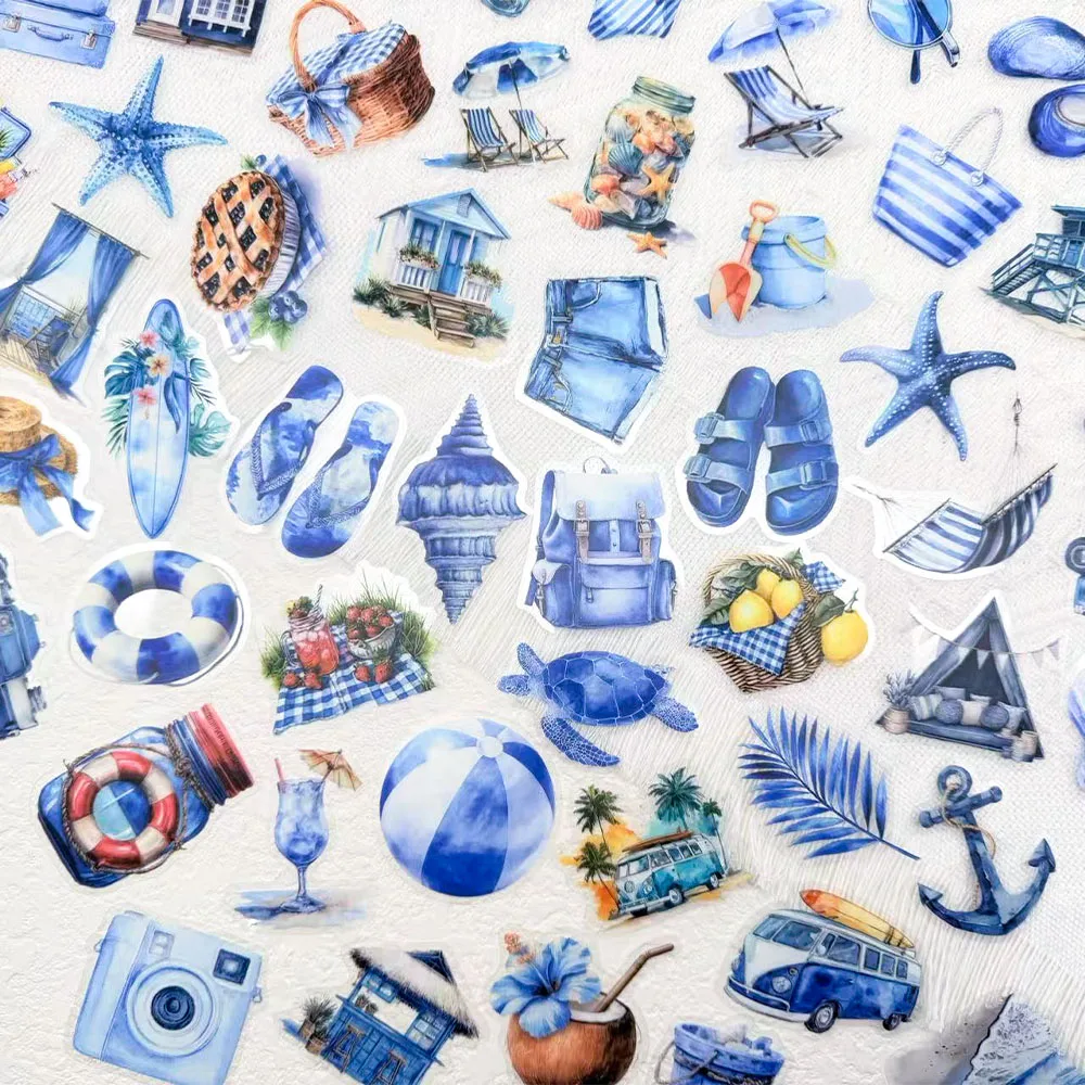50pcs Cartoon Blue Summer Beach PET Stickers Decals For Laptop Notebook Surfboard Guitar DIY Aesthetic Transparent Stickers