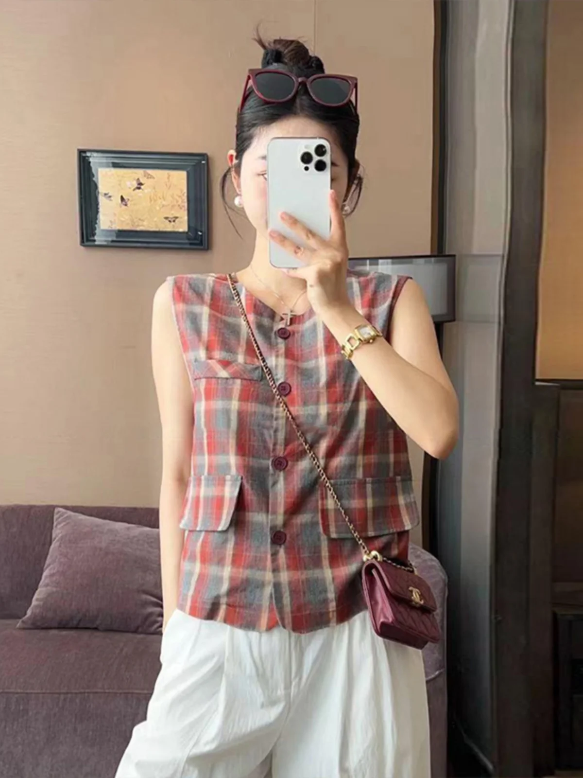 

Красный клетчатый жилет-топ для женщин, новинка лета 2024, тонкий, на одной пуговице