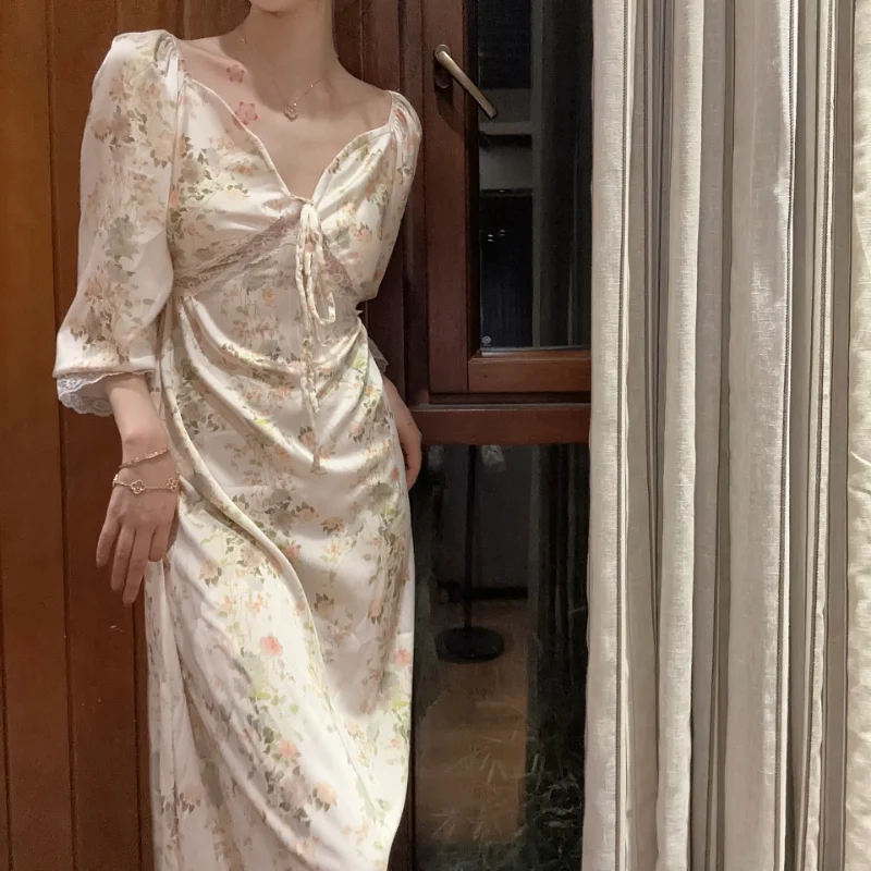 

QWEEK Silk Nightgown Victorian Style Princess Sleepwear Long Woman Floral Print Summer Long Sleeve Nightie