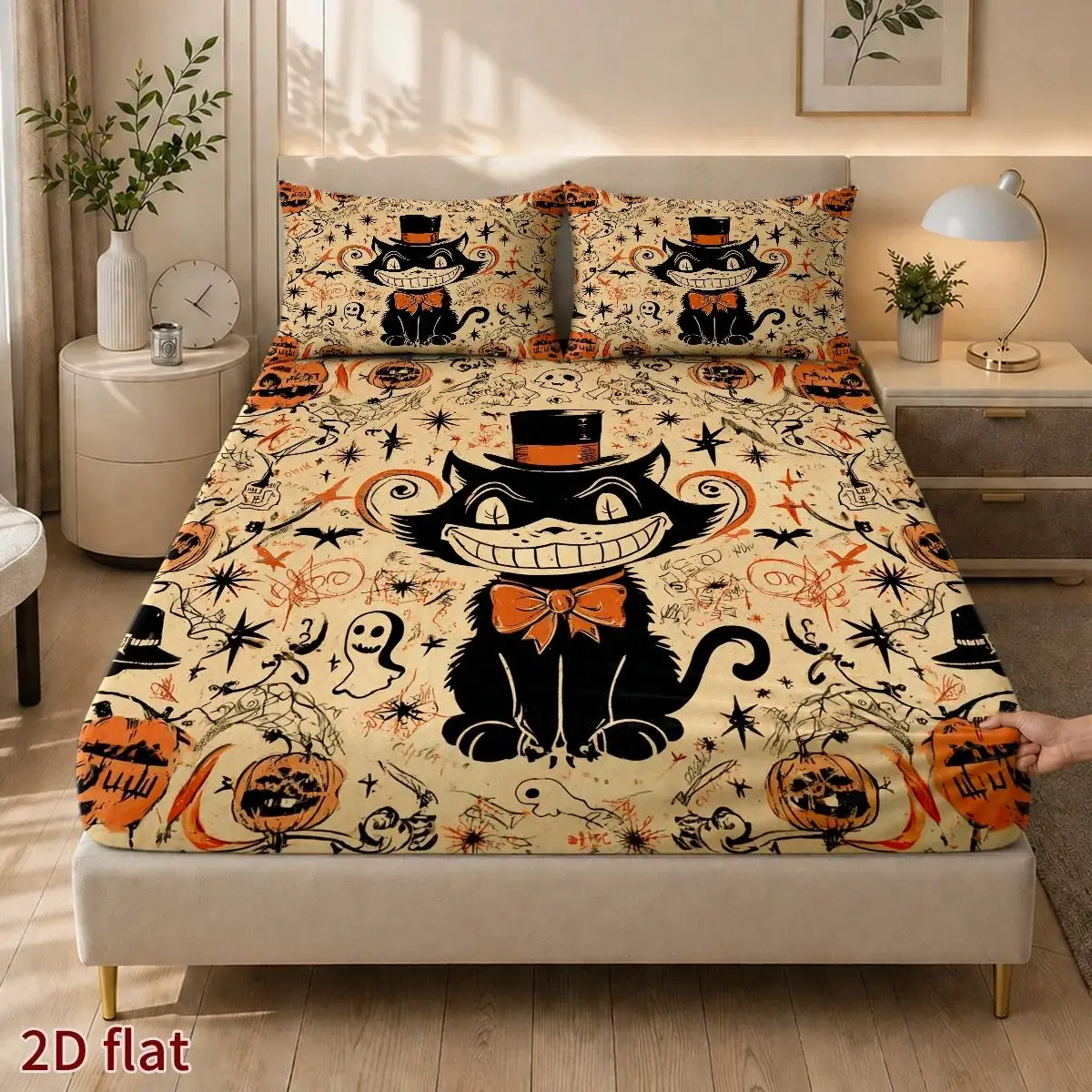 Halloween Bedding Set (Includes 1 Fitted Sheet + 2 Pillowcases, No Core) 2D Flat Printing, Mattress Protector, Halloween Black Cat Smile Theme, Vintage Hand-Drawn Illustration Style, Halloween Carnival Season, Suitable for All Seasons, Elastic Fitted Sheet Protector, Machine Washable, Easy Care, Soft and Breathable Mattress Protector view 4