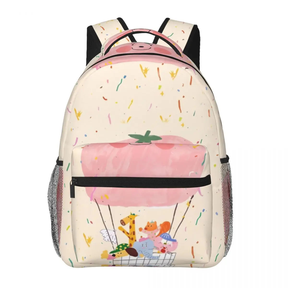 Heart School Backpack Center Hot Air Balloon Whimsical Illustration Cream Pink Multi Girls Bookbag for Valentine Birthday Daily