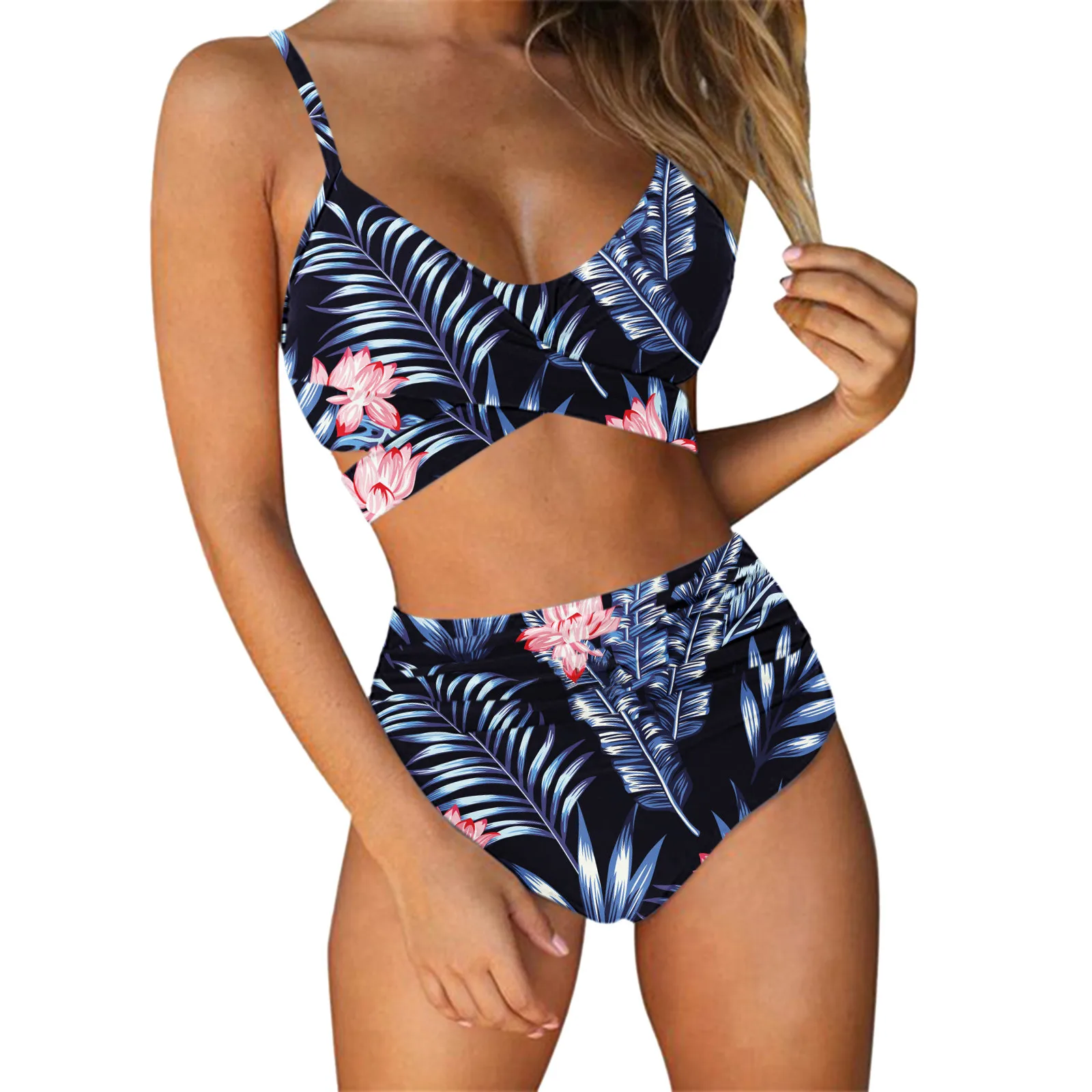 

Бикини с завышенной талией, купальник из двух предметов, с цветочным принтом, с чашками пуш-ап, Бразильский купальный костюм, пляжная одежда