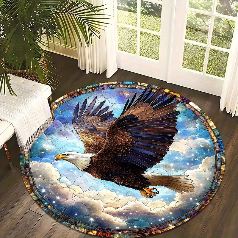 Eagle Soaring Design Flannel-printed round floor mats are slip-resistant Suitable for living room bedroom terrace garden carpets