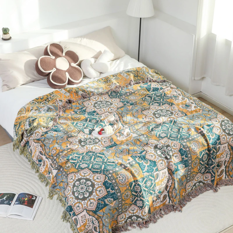 Bohemian Fringed Throw Blanket 200x230 -100% Cotton Sofa Cover, Bedspread & Summer Quilt,Home Decor Lightweight Blankets for Bed