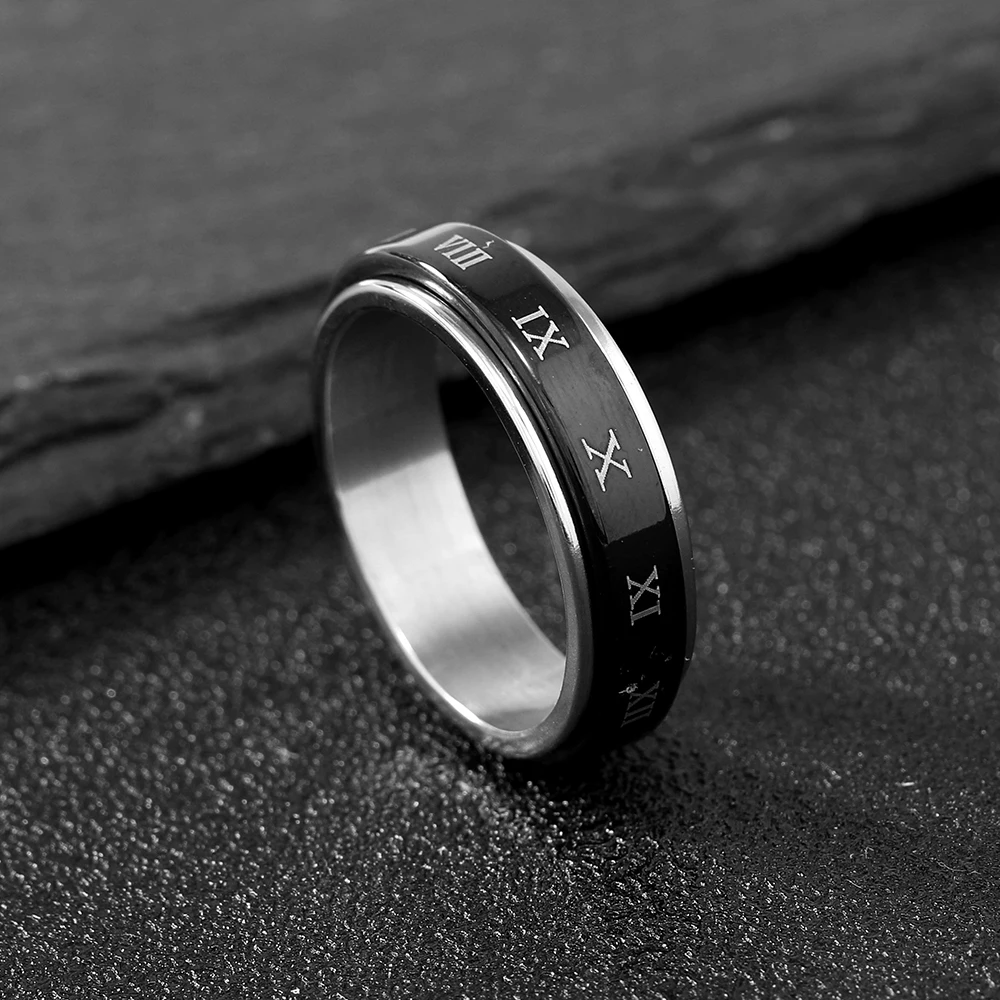 Fashion Jewelry Black Roman Numeral Rotatable Men\'s Titanium Steel Ring