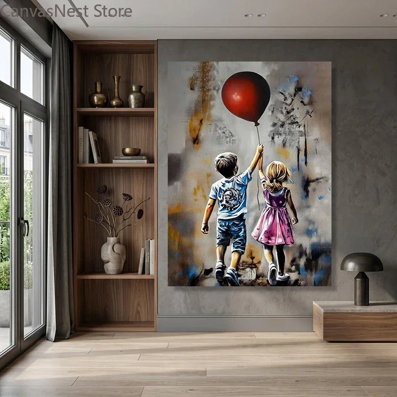 Girl and Boy with Red Balloon Banksy Inspired Pop Poster and Prints Canvas Painting Wall Art Pictures Home Decor Cuadros