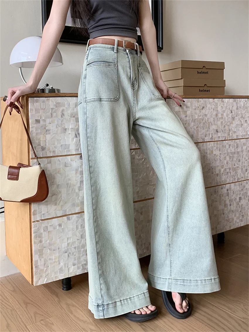 

PLAMTEE Straight Jeans Women High Waist OL Vintage Streetwear Light Blue 2024 New Casual Denim Pants Ladies Wide Leg Loose