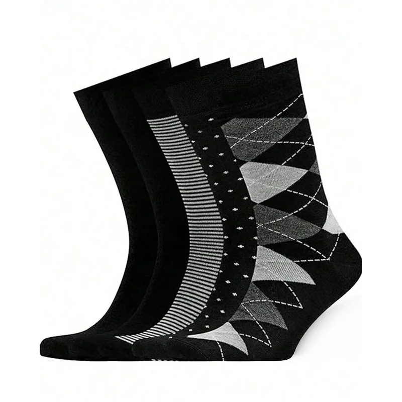 5 Paar Business-Crew-Socken aus Baumwolle für Herren – große Größe, einfarbig, schwarz/gestreift/Argyle-Muster, lange Socken im amerikanischen Stil für Herren