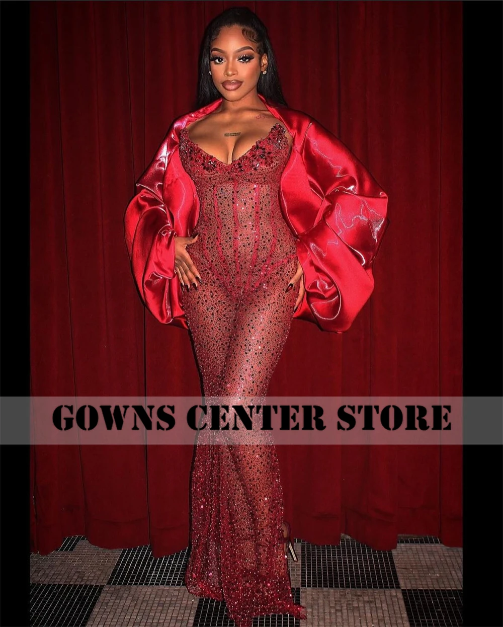 Newfangled Sweetheart Red Aso Ebi Evening Dresses Beads Rhinestones Mermaid Sexy Chritmas Party Gown With Jacket Customized