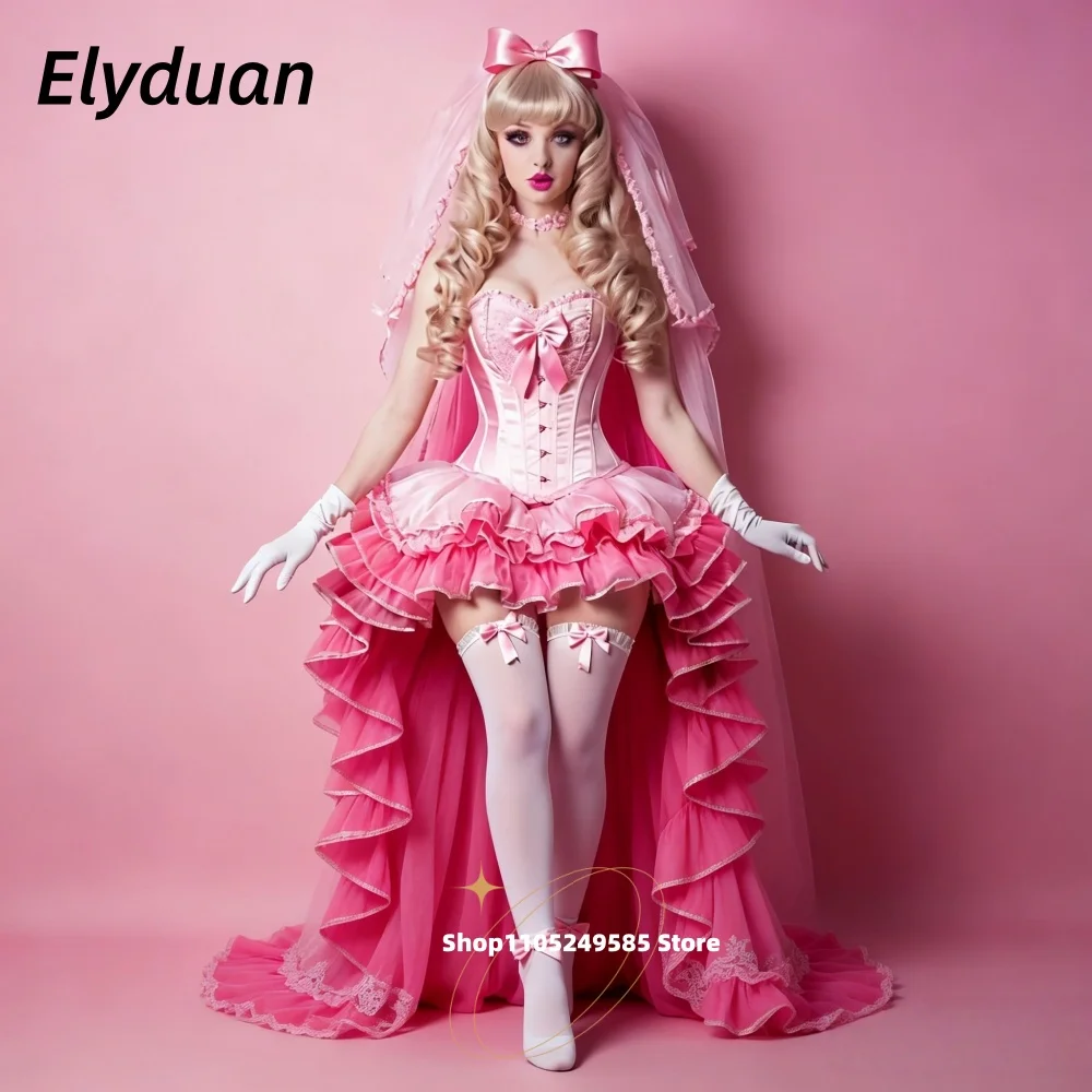 Rosa High Low Lolita-Abschlussballkleid, kurze Vorderseite, lange Rückseite, Korsett, Rüschen, Rüschen, besondere Anlässe, Geburtstagsparty-Kleider, individuell gestaltet
