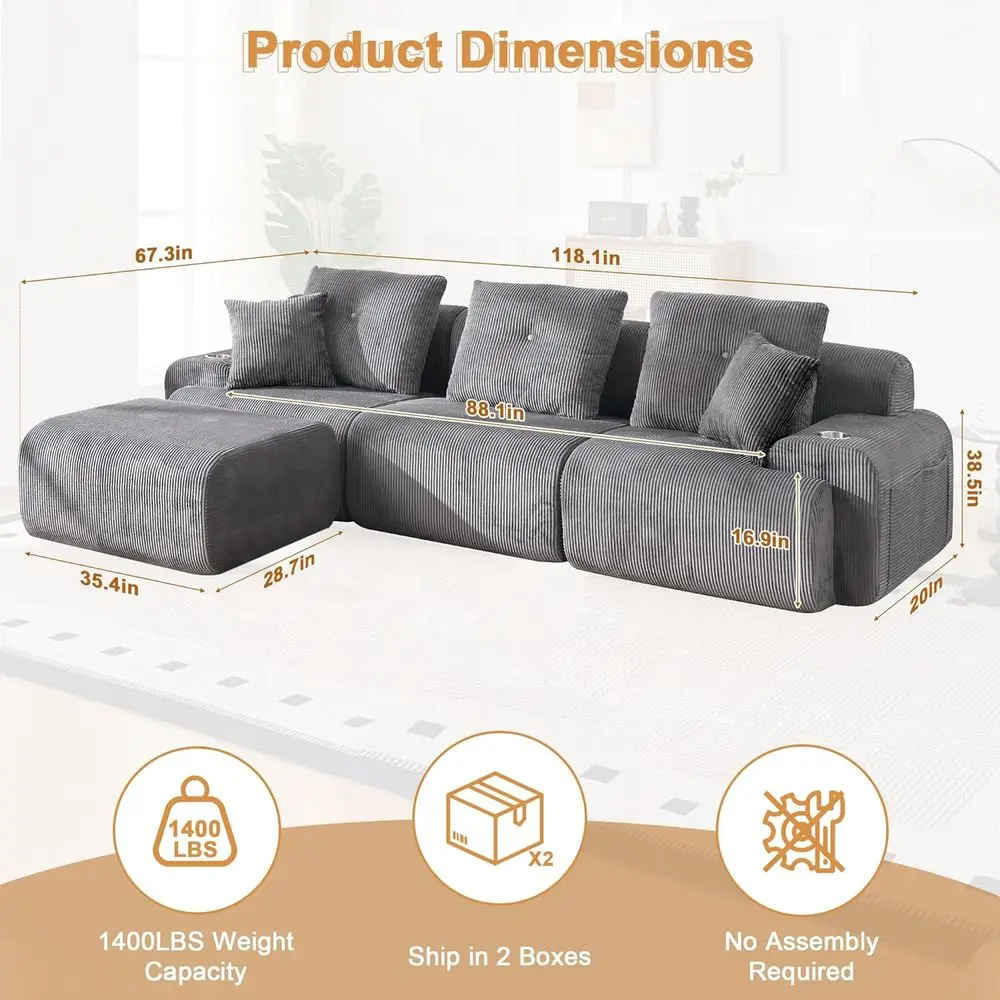 Deep Seated Cloud-Inspired L-Shape Sofa, Grey, for Living and Bedroom Comfort