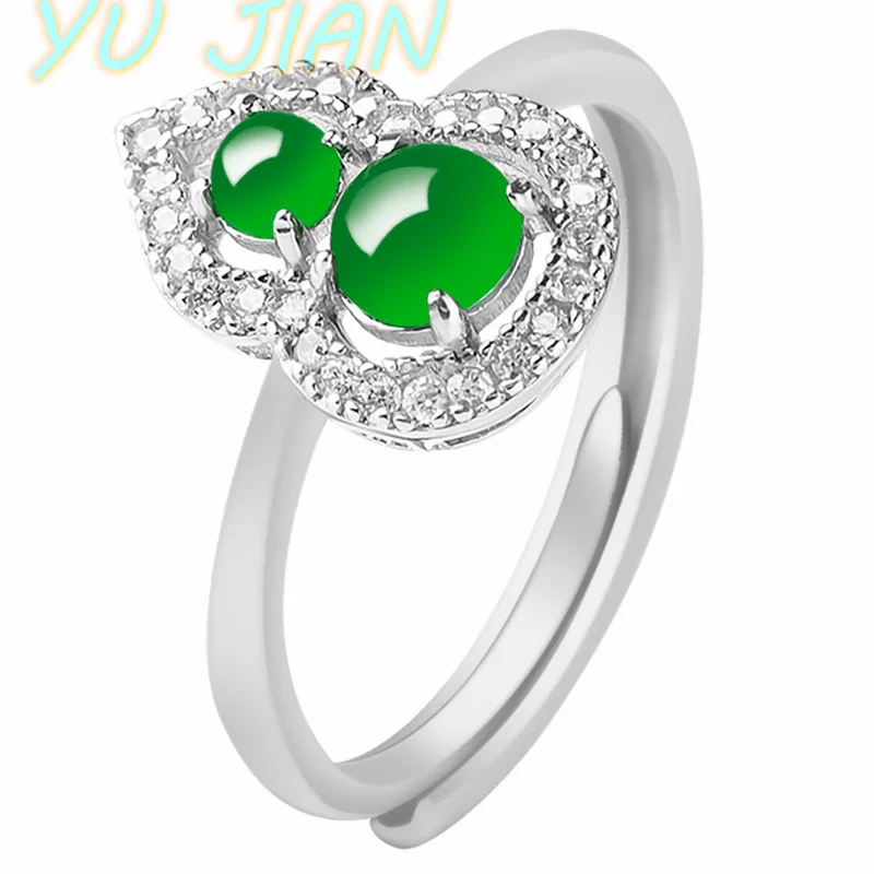 

S925 Silver Inlaid Natural A Goods Jadeite Gourd Yang Green Ice Exquisite Jade Ring Fashion Handring Women's Adjustable Jewelry