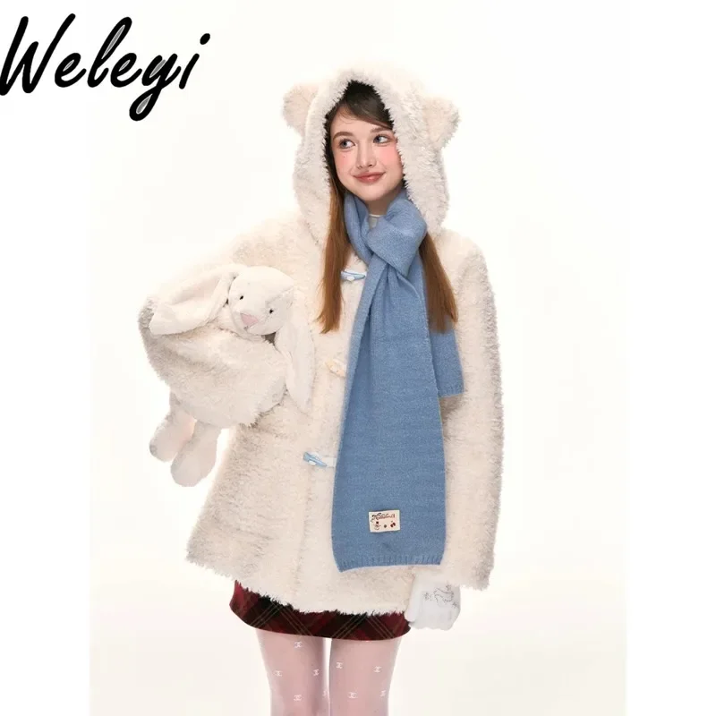 

Women's Winter Bear Ears Lamb Furry Coat Cute Student Long Sleeve Fur Integrated Horn Button Fur Coats Femininos Inverno 2024