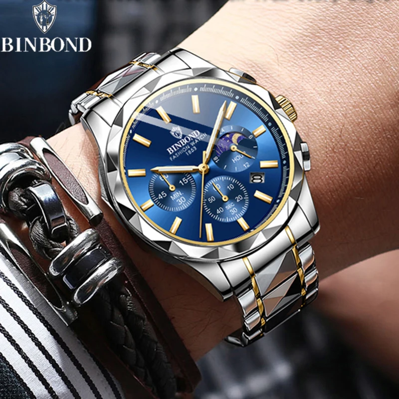 BINBOND Brand Original Certification Men\'s Watches Moon Phase Waterproof Quartz Watch for Man Chronograph Calendar Fashion Clock