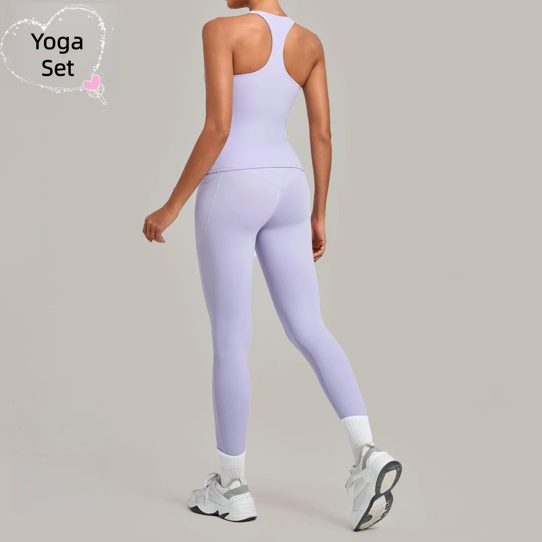 

New Women's Yoga Set High Waist Hip Lift Tight Backless I-shaped Vest Pants Pocket Sports Fitness Running Workout Gym Yoga Suit