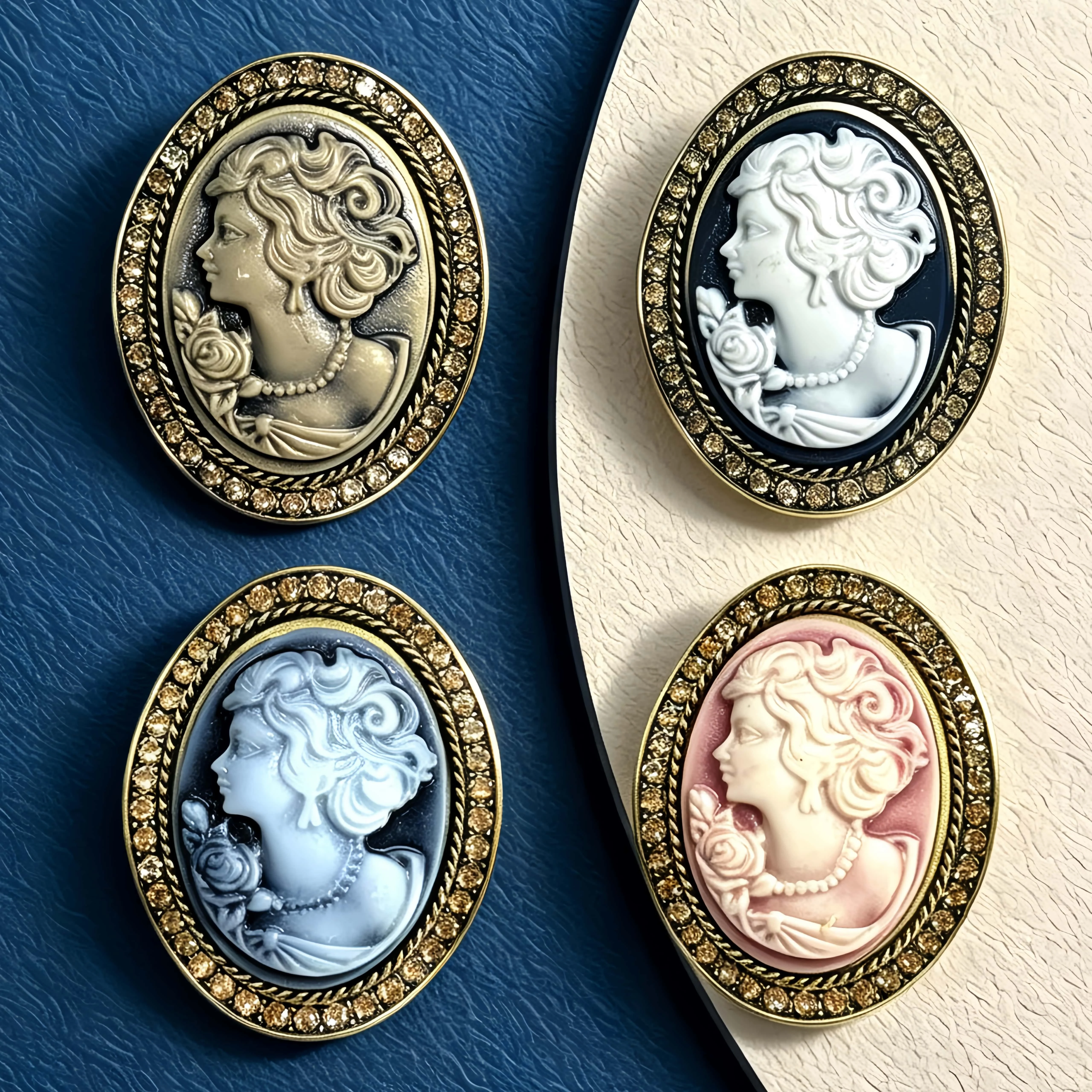 Essh&Pule Vintage Cameo Lady Portrait Brooch Crystal Rhinestone Frame Lapel Pin Retro Suit Scarf Accessory Women Fashion Jewelry
