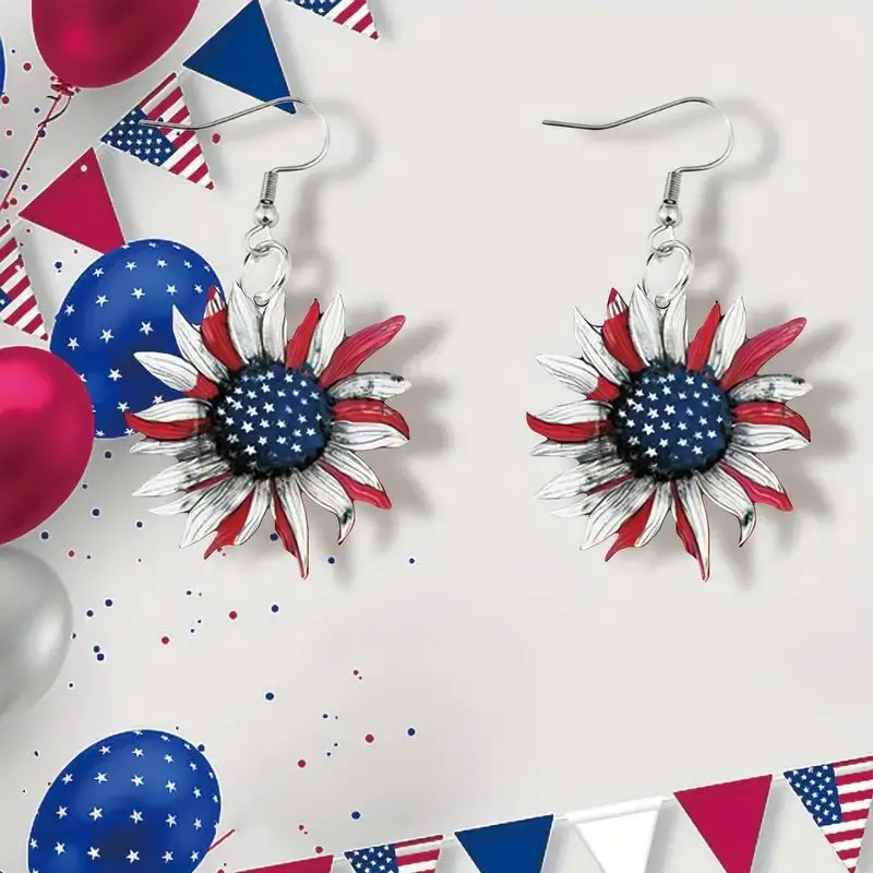 Acrylic Minimalist Sunflower Patriotic Earrings for Women USA, America, Red, White, Blue 4th of July, Summer Earrings